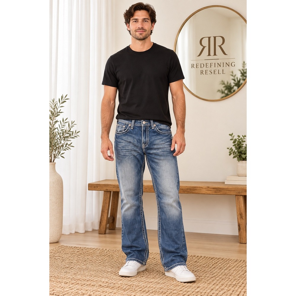 BKE Seth Mens Straight Leg Jeans 32x34 Medium Wash Heavy Stitch Cotton Denim